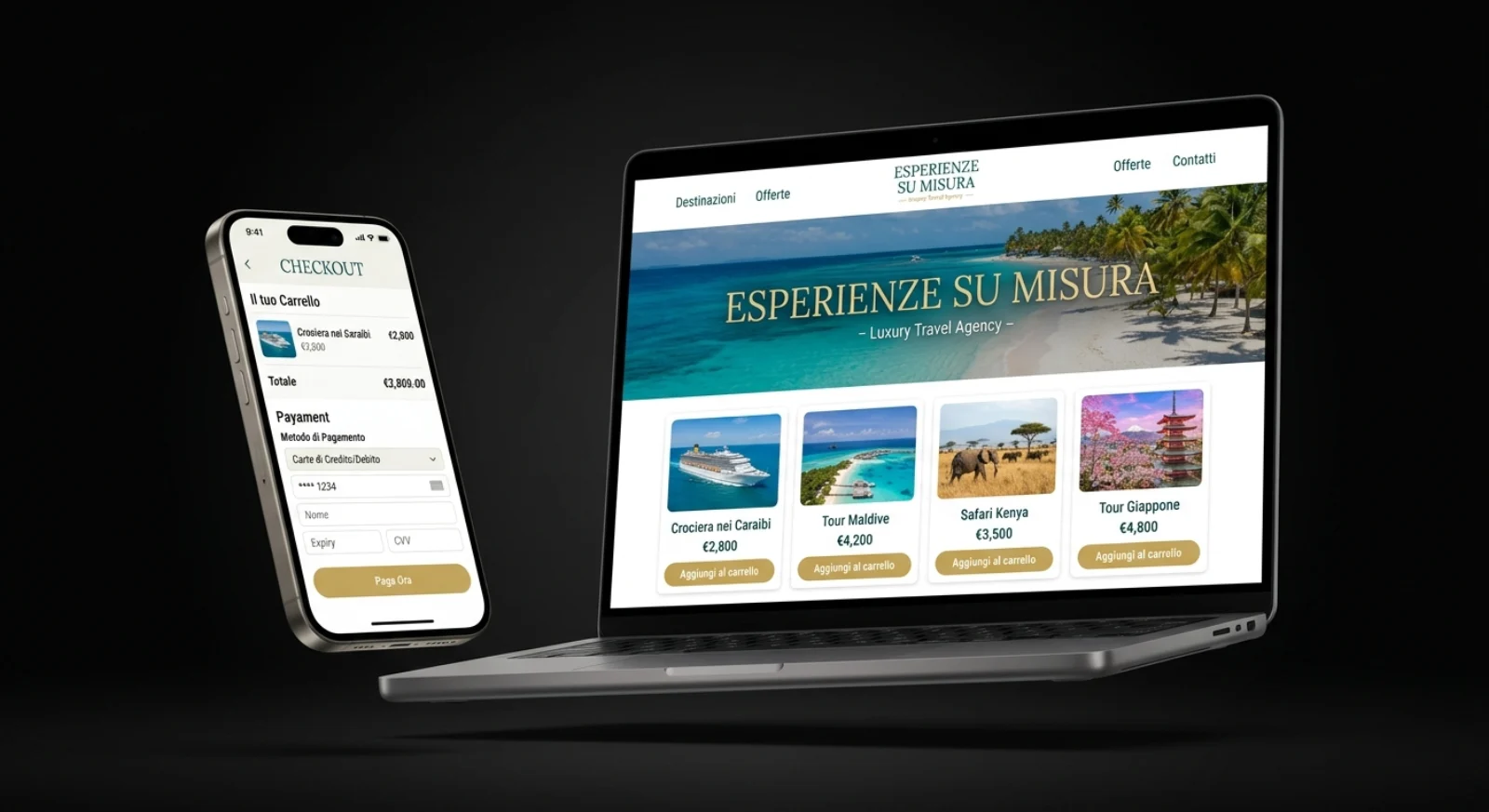 Mockup MacBook ed iPhone con e-commerce viaggi Safira