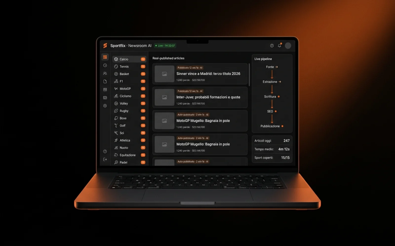 Mockup MacBook con dashboard Newsroom AI Sportflix — feed real-time articoli auto-pubblicati sui 15 sport