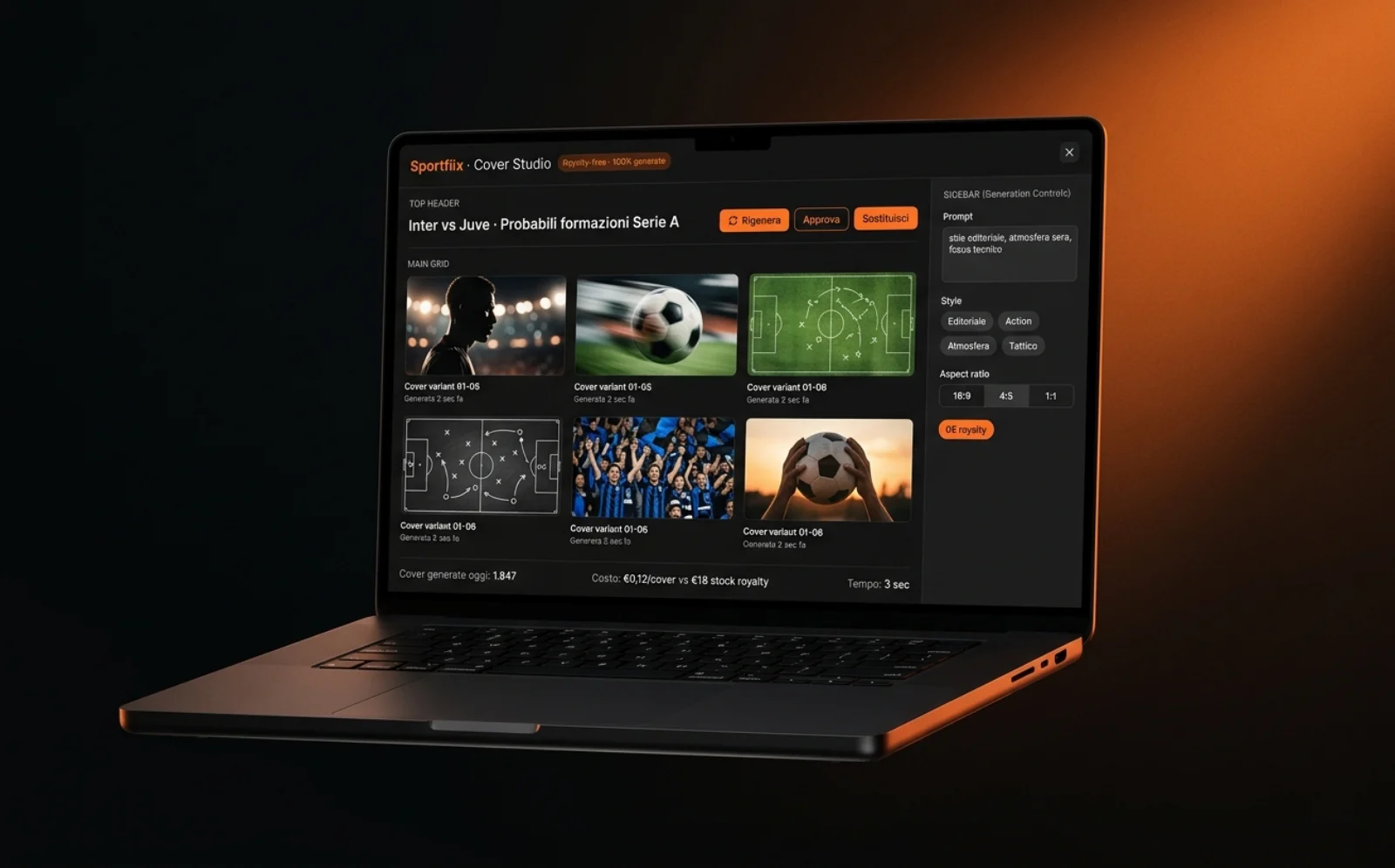 Mockup MacBook con cover studio AI Sportflix — griglia di immagini sportive originali generate, no royalty